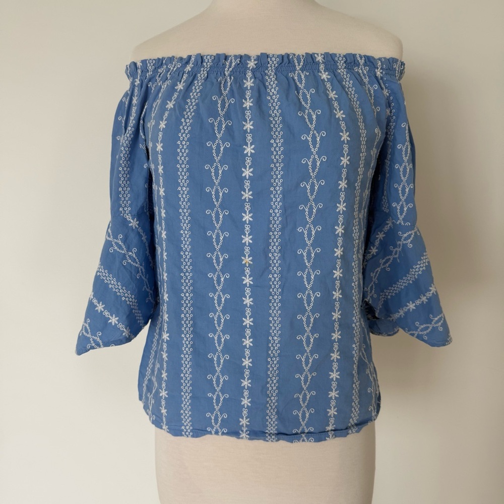 Koret Blue Off-Shoulder Blouse with White Embroidery // Size S